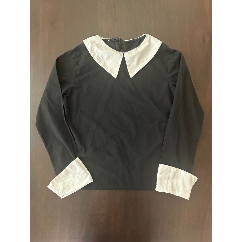 Black Long Sleeve Blouse White Peter Pan Collar Contrast Cuff Tie Back Top